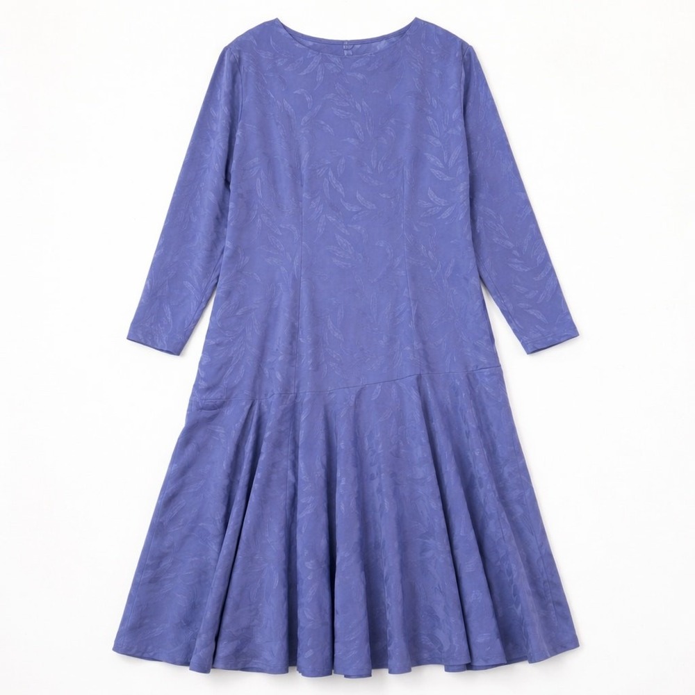 Vintage Periwinkle Blue Leaf Jacquard Drop Waist Flare Midi Dress Long Sleeve